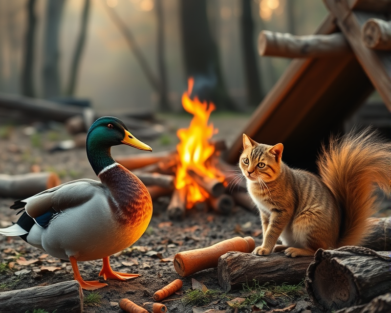 duck, squirrel, cat, carrot, campfire