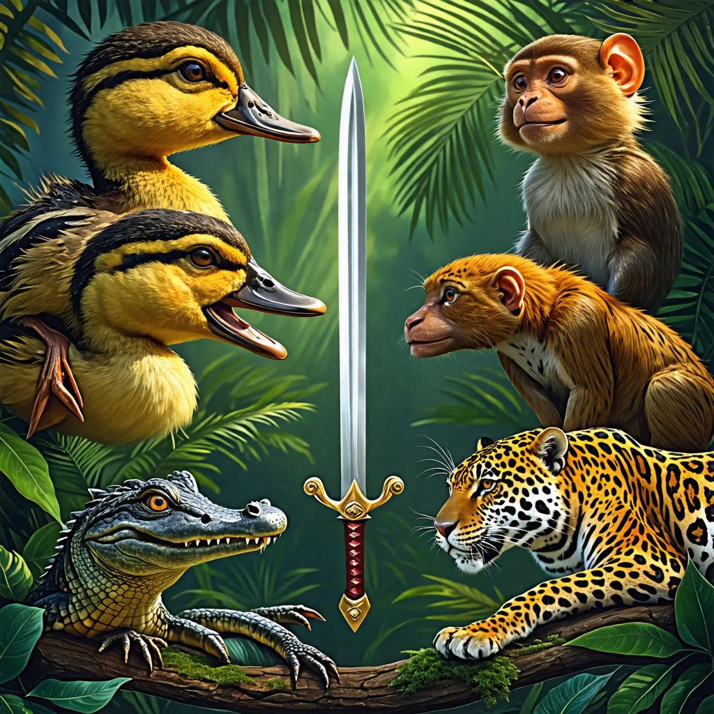 duckling, sword, crocodile, monkey, jaguar