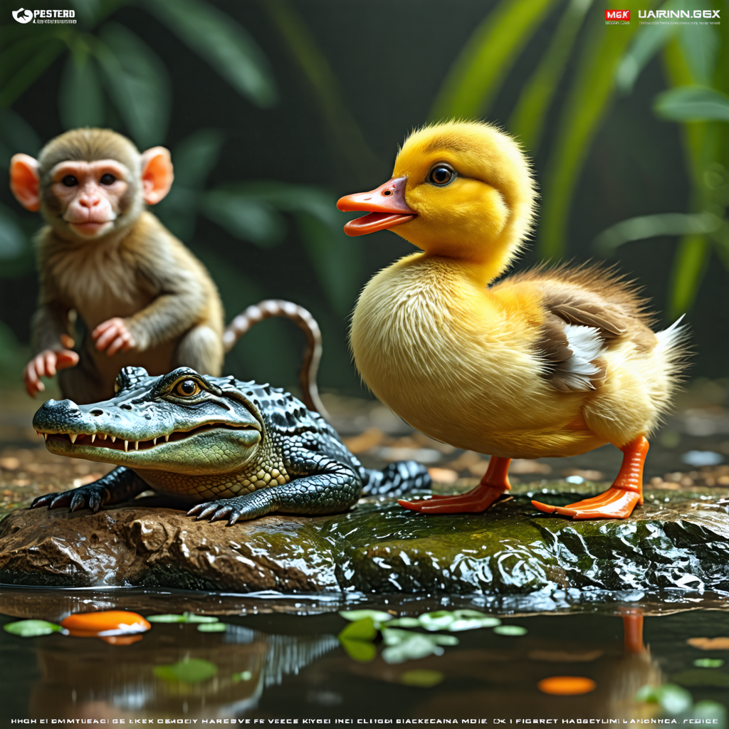 duckling, sword, crocodile, monkey, jaguar