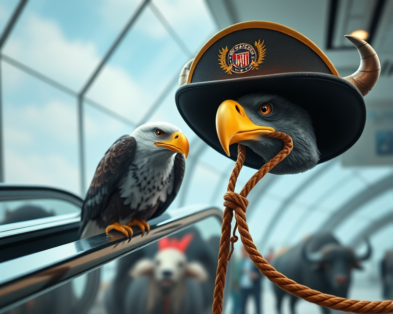 eagle, hat, escalator, buffalo, rope