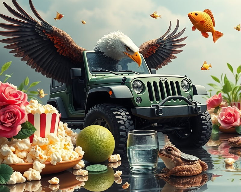 eagle, popcorn, jeep, rose, fish, pencil, cookie, lime, frog, water, donut