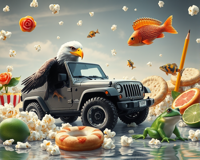 eagle, popcorn, jeep, rose, fish, pencil, cookie, lime, frog, water, donut