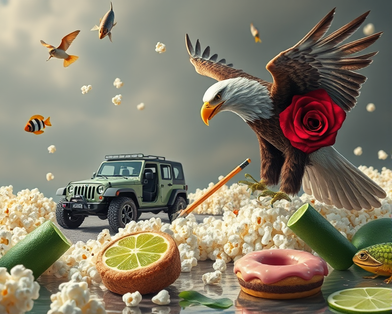 eagle, popcorn, jeep, rose, fish, pencil, cookie, lime, frog, water, donut