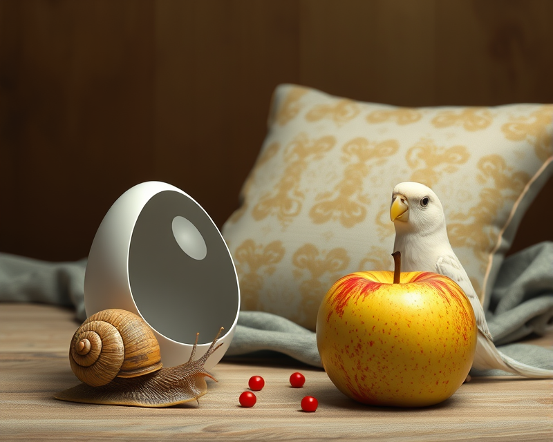 egg, snail, parakeet, pillow, apple