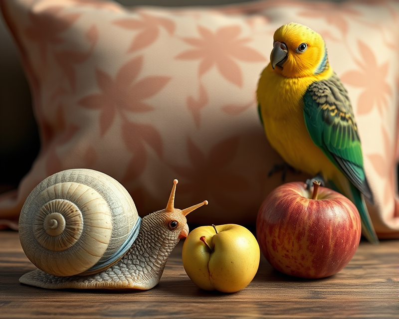 egg, snail, parakeet, pillow, apple