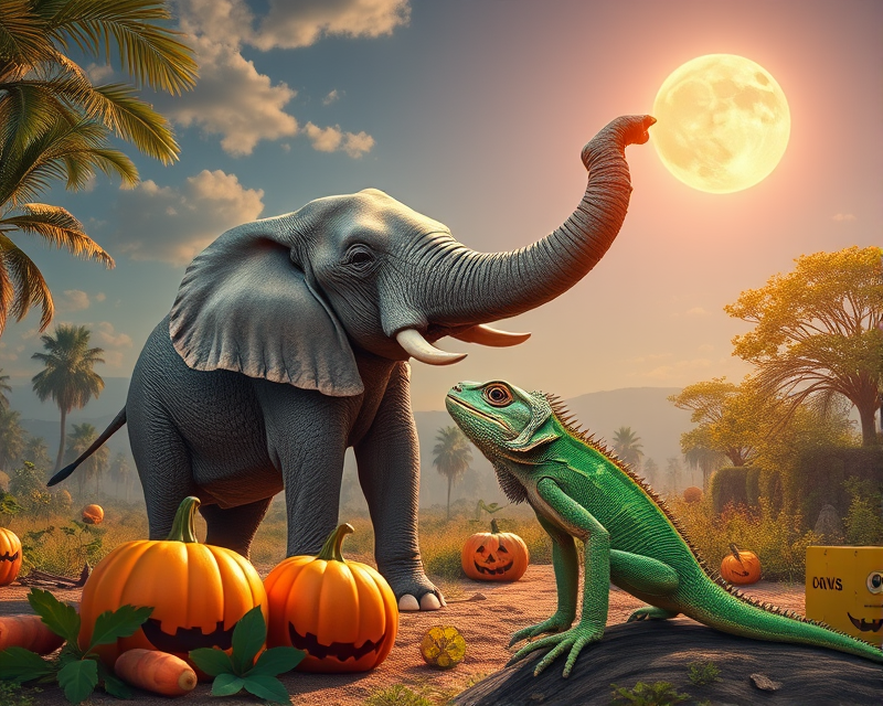 elephant, halloween, sun, iguana, carrot