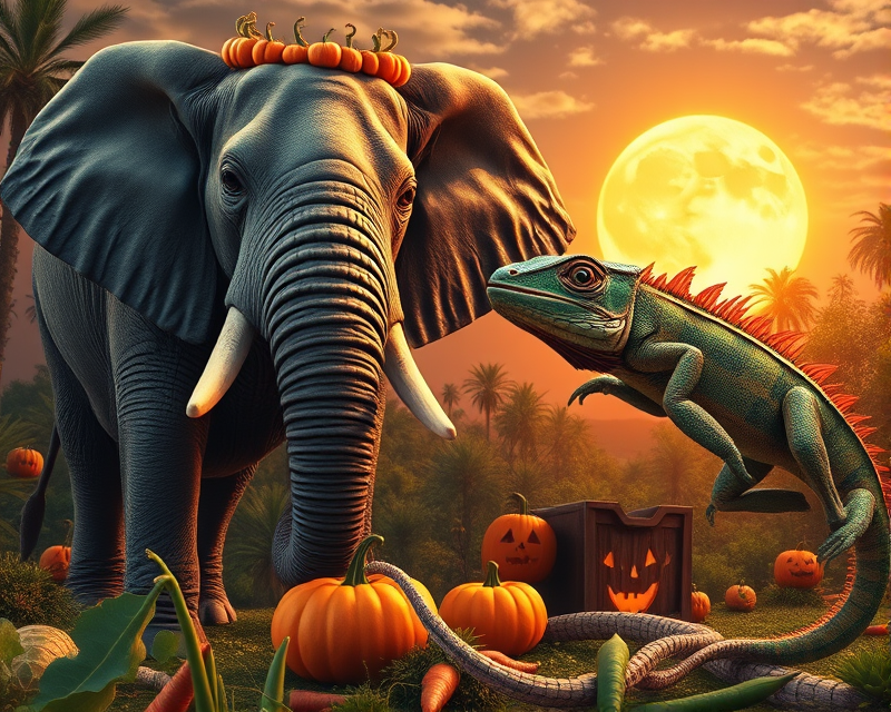 elephant, halloween, sun, iguana, carrot