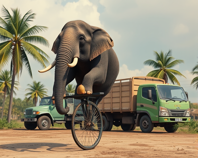 elephant, unicycle, truck, chair, coconut