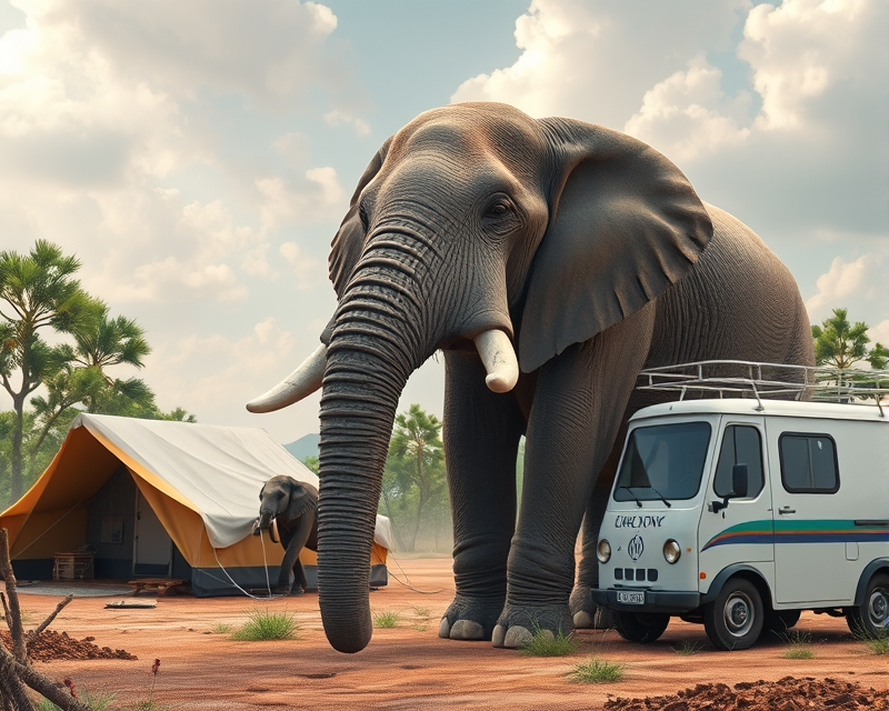 elephant, wood, tent, van, gameboy