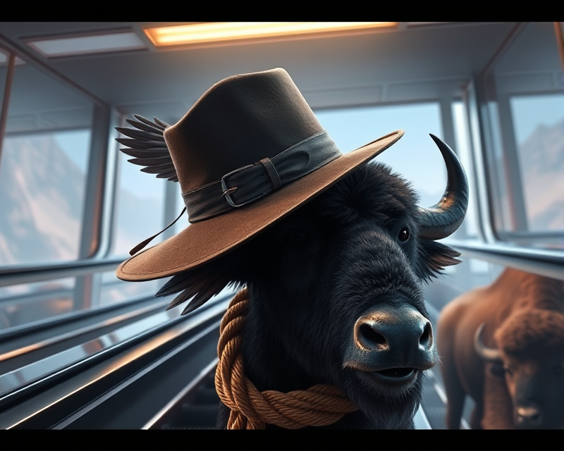 escalator, hat, eagle, buffalo, rope