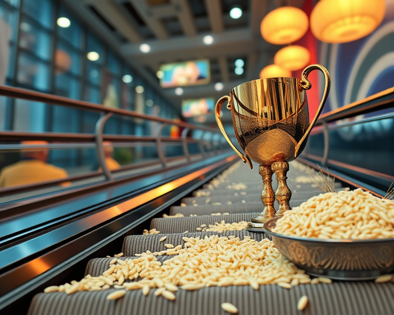 escalator, trophy, rice, glasses