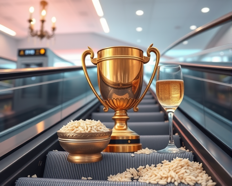 escalator, trophy, rice, glasses