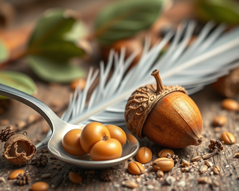 feather, spoon, acorn