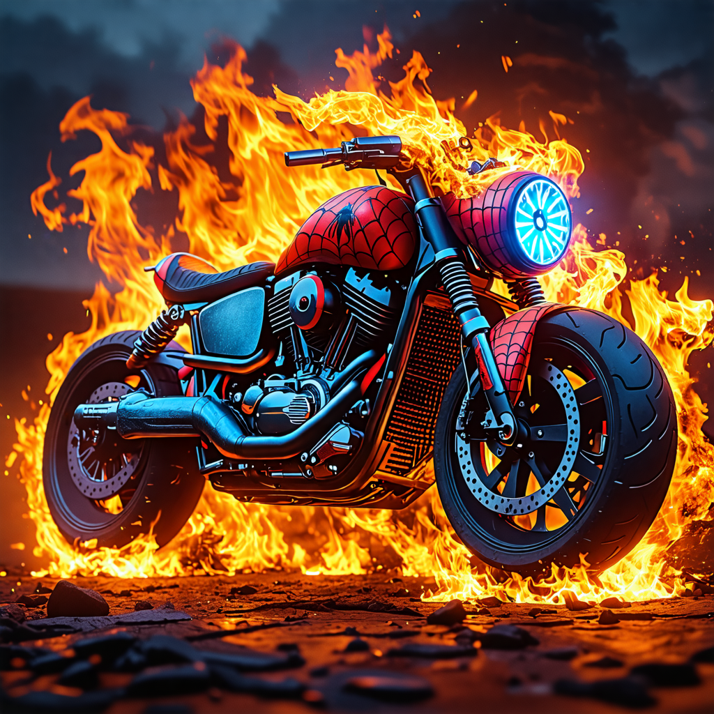 fire, clock, motorcycle, manatee, spiderman