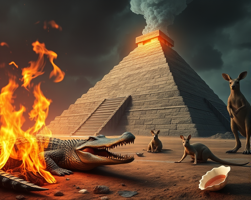 fire, pyramid, alligator, kangaroo, seashell