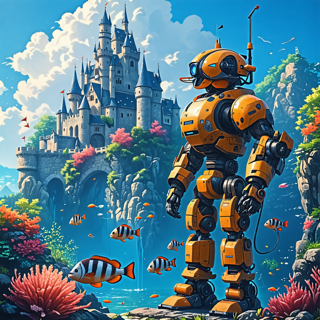 fish, castle, robot