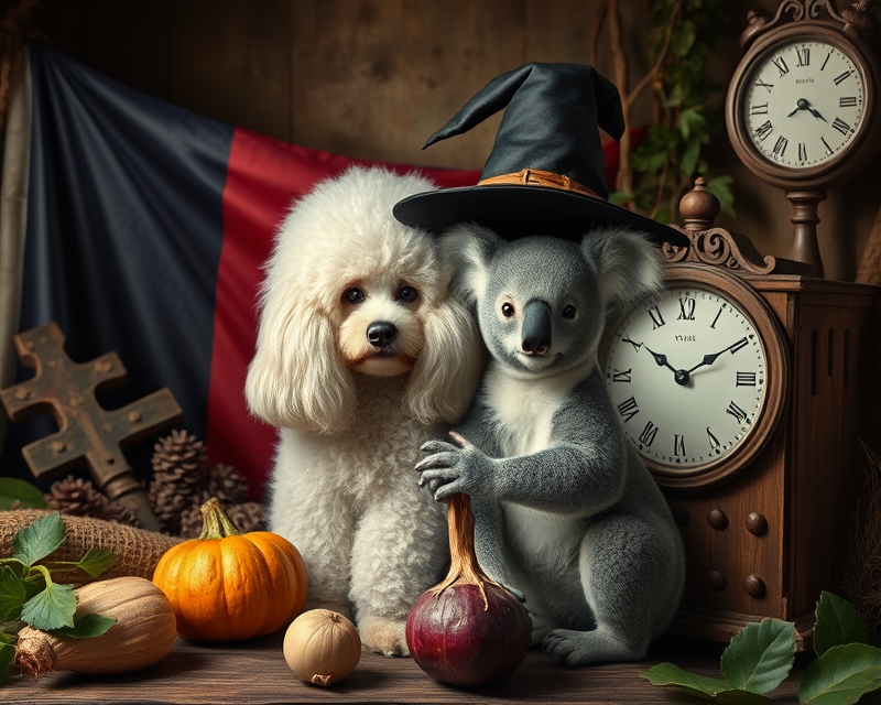 flag, witch, poodle, koala, turnip, clock