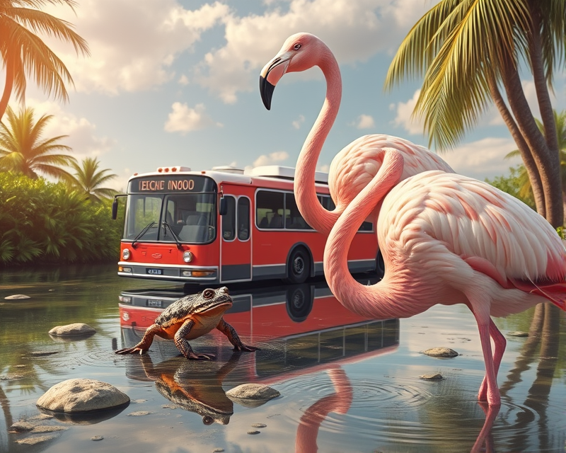 flamingo, bus, toad