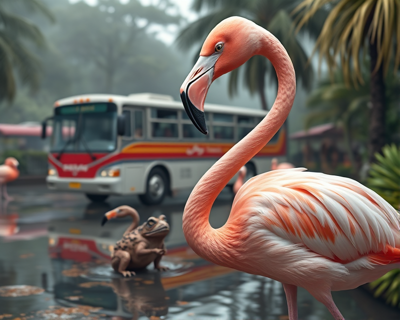 flamingo, bus, toad