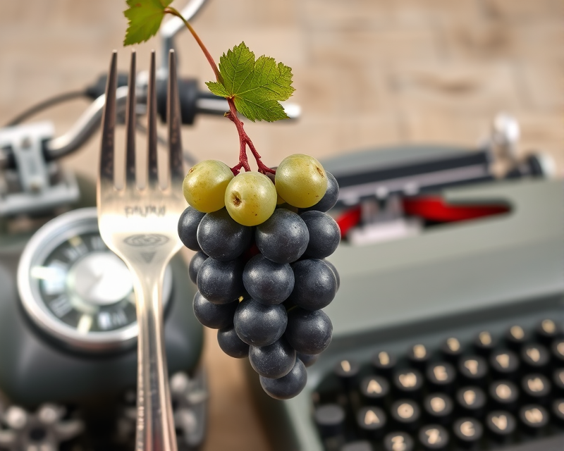 fork, motorcycle, typewriter, grape