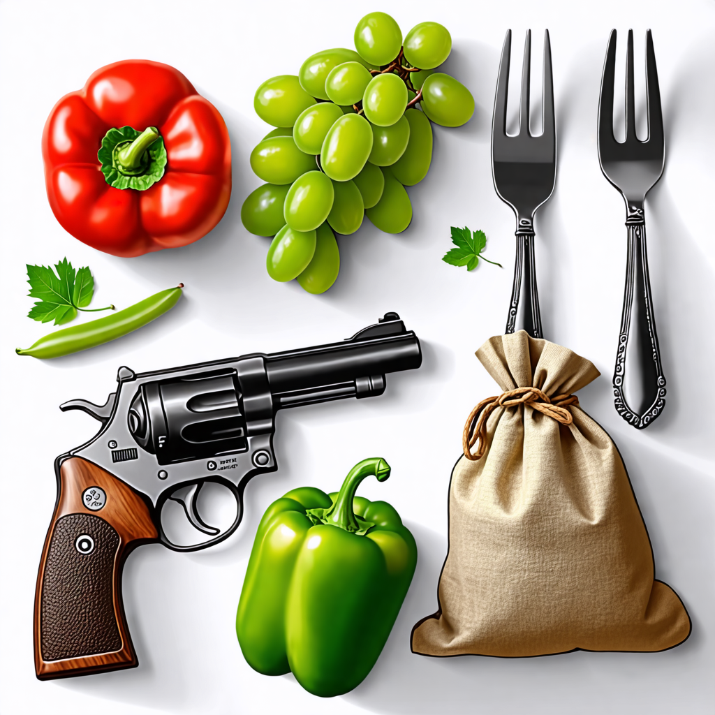 fork, pepper, gun, grape, bag