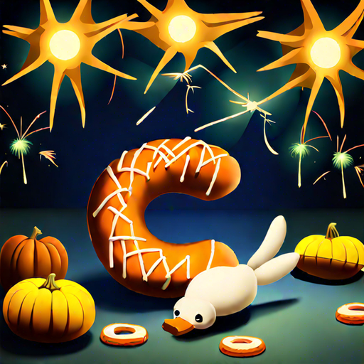 fox, cat, fireworks, fork, duck, donut, pumpkin, ghost, dandelion, pasta