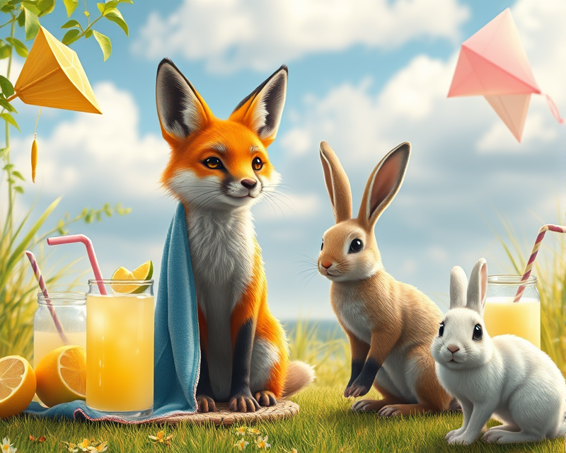 fox, kite, towel, lemonade, bunny