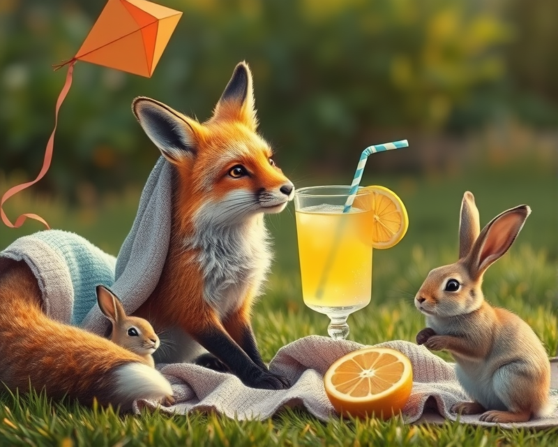 fox, kite, towel, lemonade, bunny