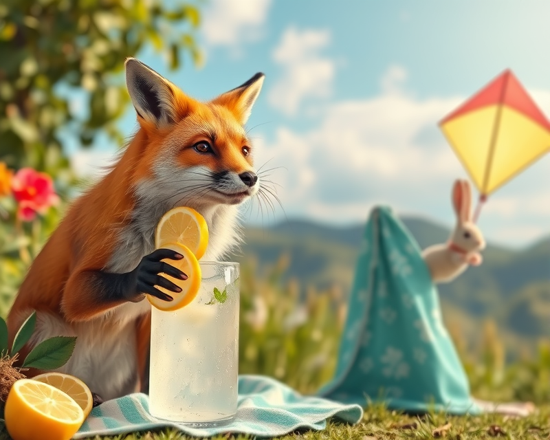 fox, lemonade, towel, kite, bunny