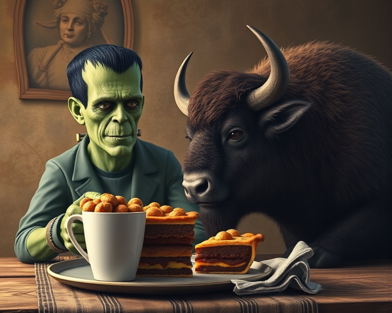 frankenstein, pie, cup, bison, napkin