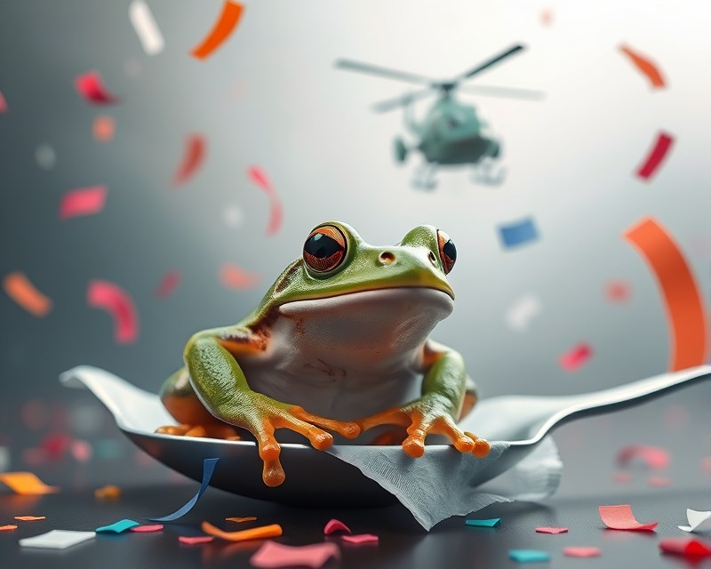 frog, napkin, spoon, confetti, helicopter