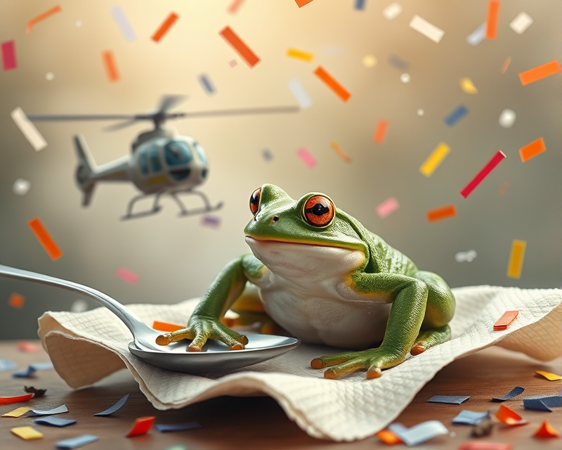 frog, napkin, spoon, helicopter, confetti