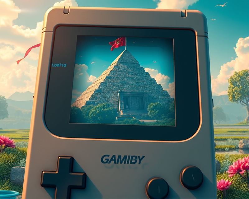 gameboy, pyramid, pond, flag, heart