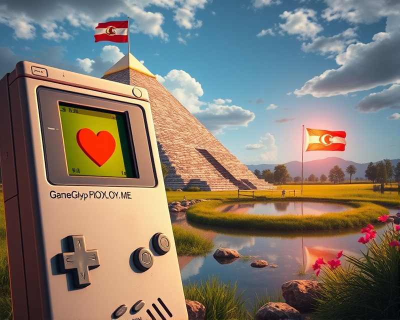 gameboy, pyramid, pond, flag, heart