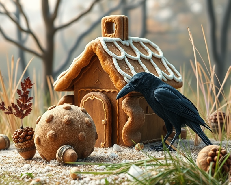 gingerbread, acorn, raven, elephant, grass