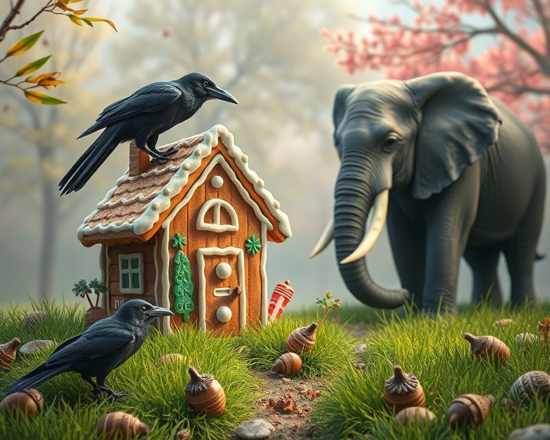 gingerbread, acorn, raven, elephant, grass