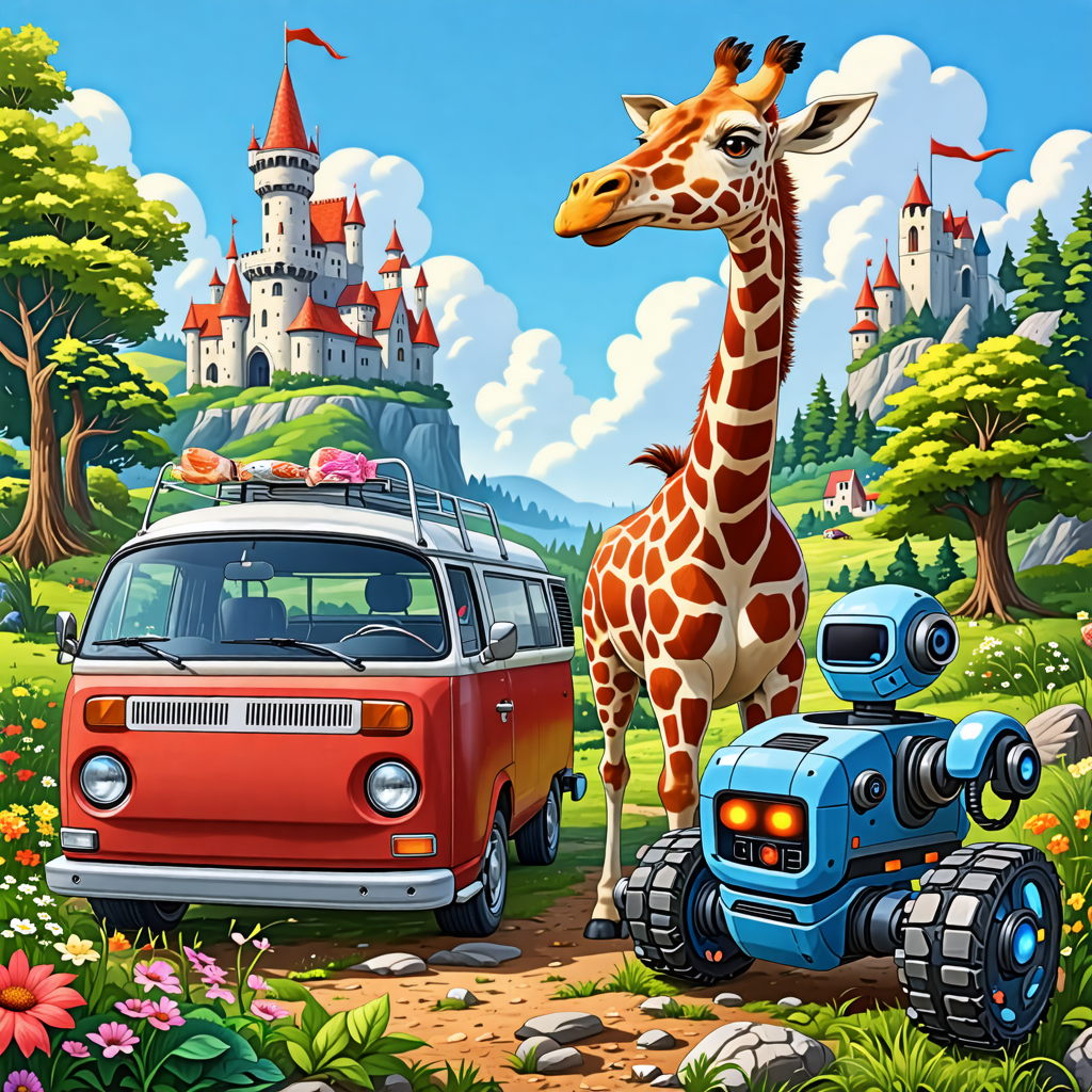 giraffe, robot, van, fish, castle