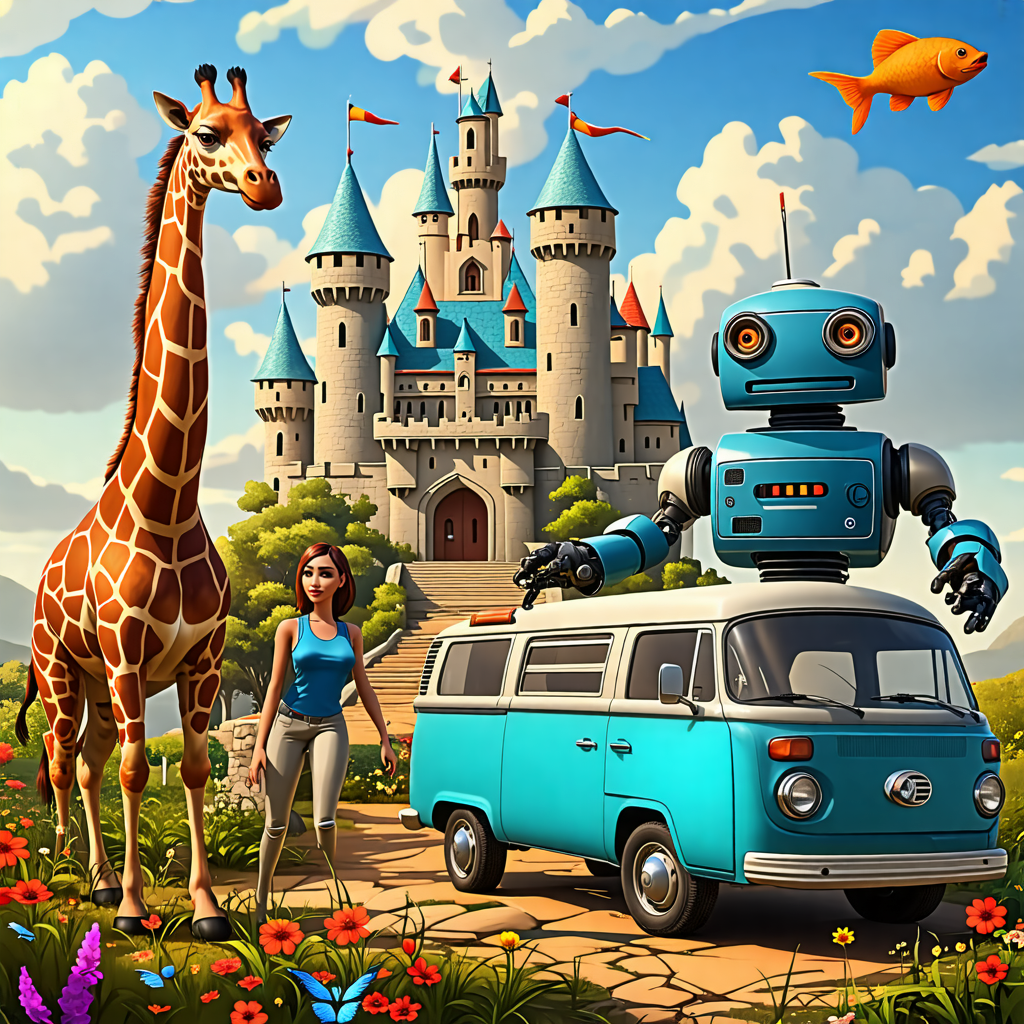 giraffe, robot, van, fish, castle