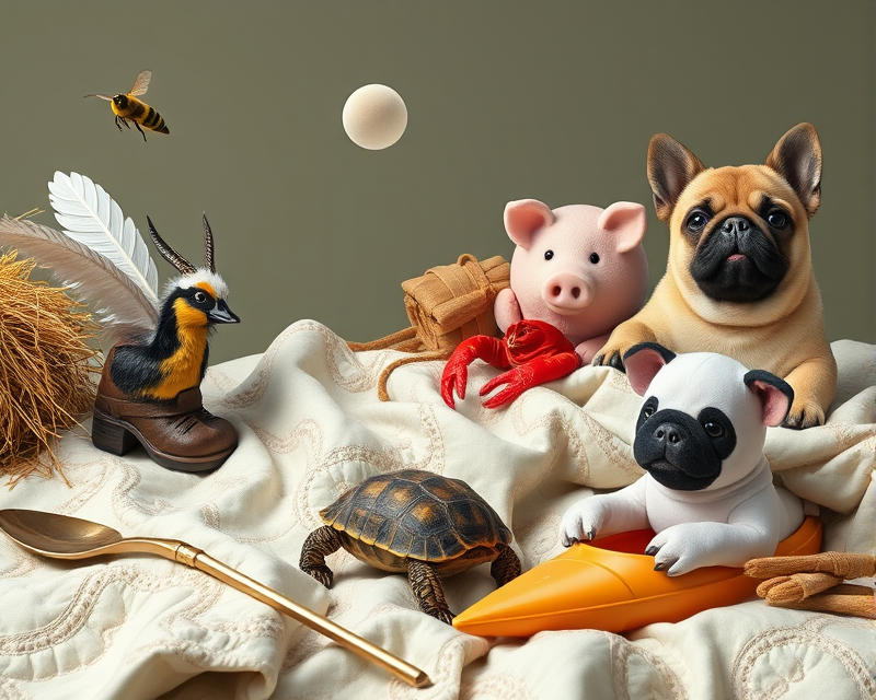 goat, bee, boot, feather, ring, duck, napkin, turtle, donkey, quilt, pug, lobster, peach, spoon, kayak, hay, pig, manatee