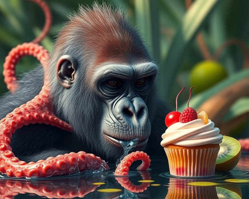 gorilla, octopus, water, kiwi, cupcake