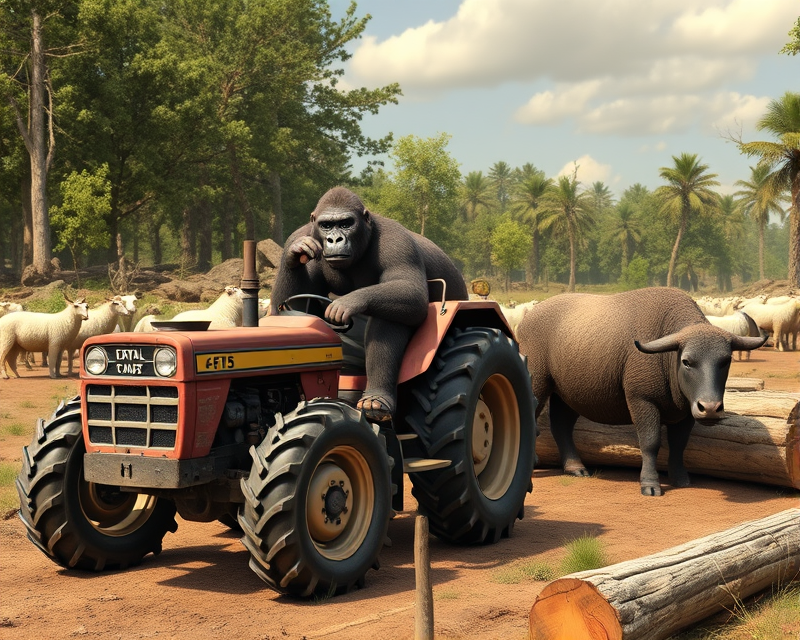 gorilla, tractor, donkey, buffalo, sheep, log