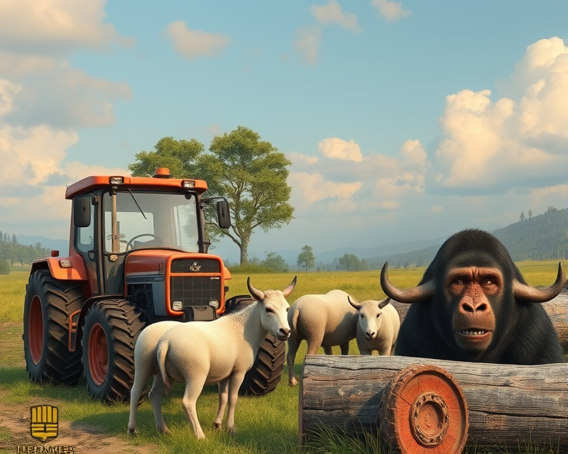 gorilla, tractor, donkey, buffalo, sheep, log