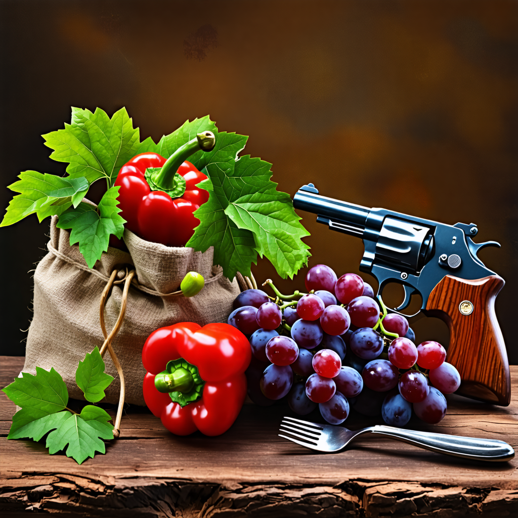 grape, fork, pepper, bag, gun