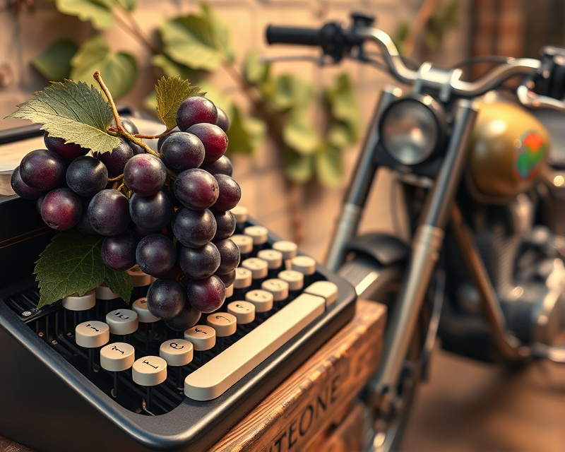 grape, typewriter, motorcycle, fork