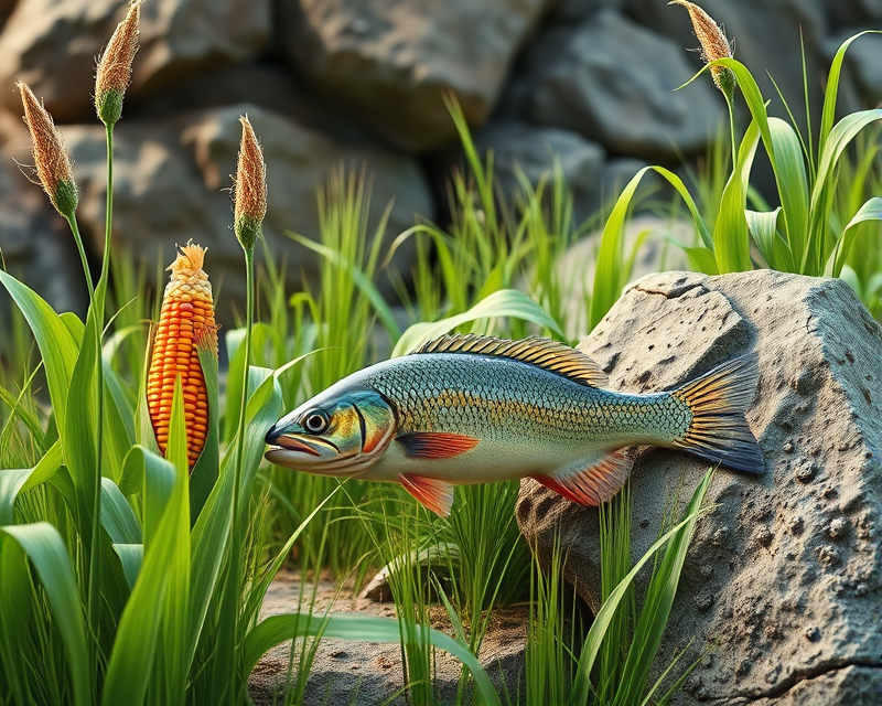 grass, corn, fish, bandana, rock