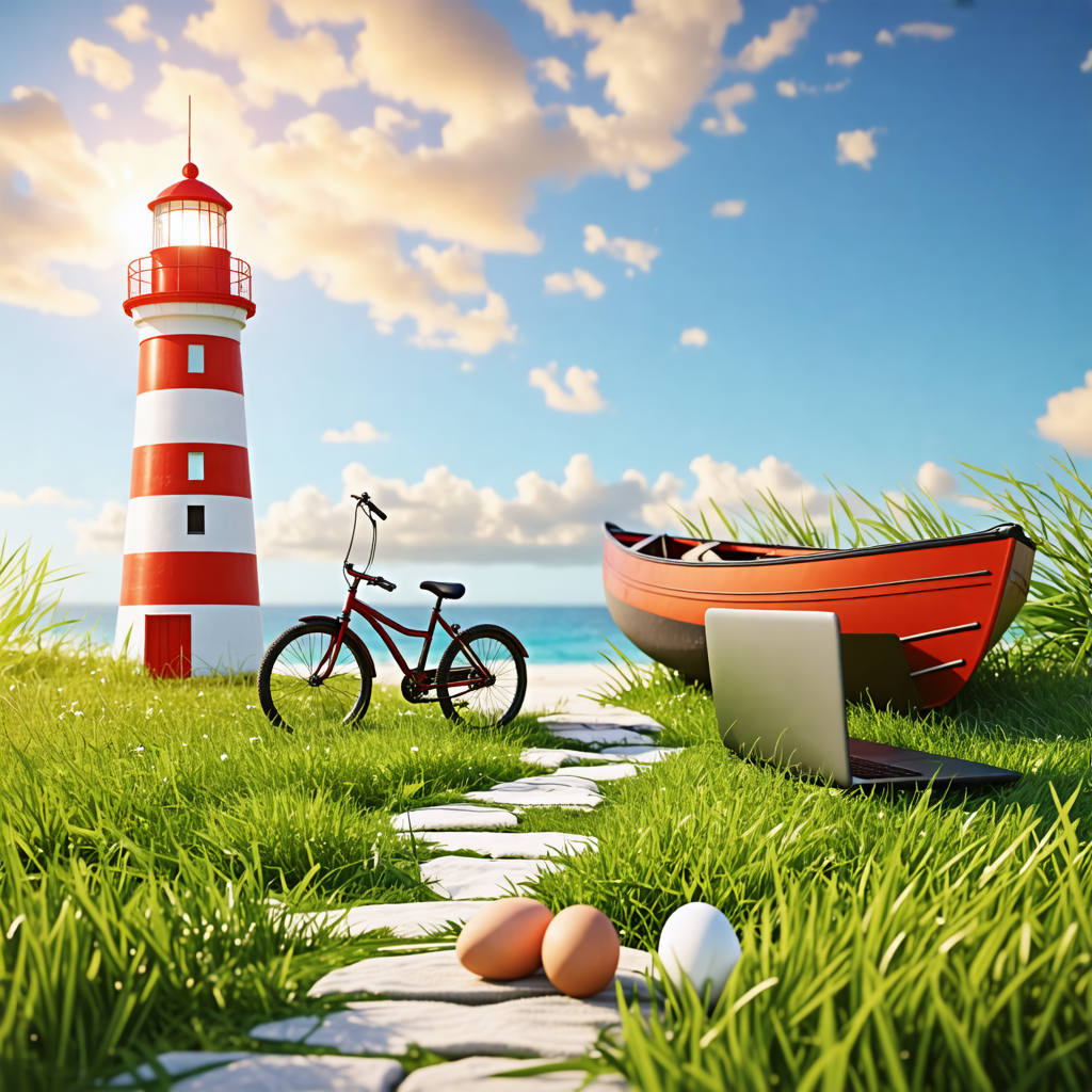 grass, egg, lighthouse, canoe, tricycle, towel, almond, laptop