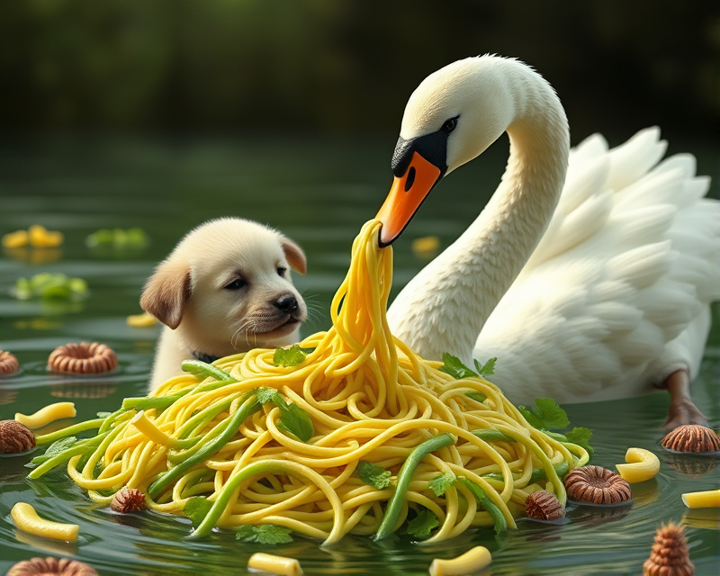 green, noodle, swan, puppy, macaroni