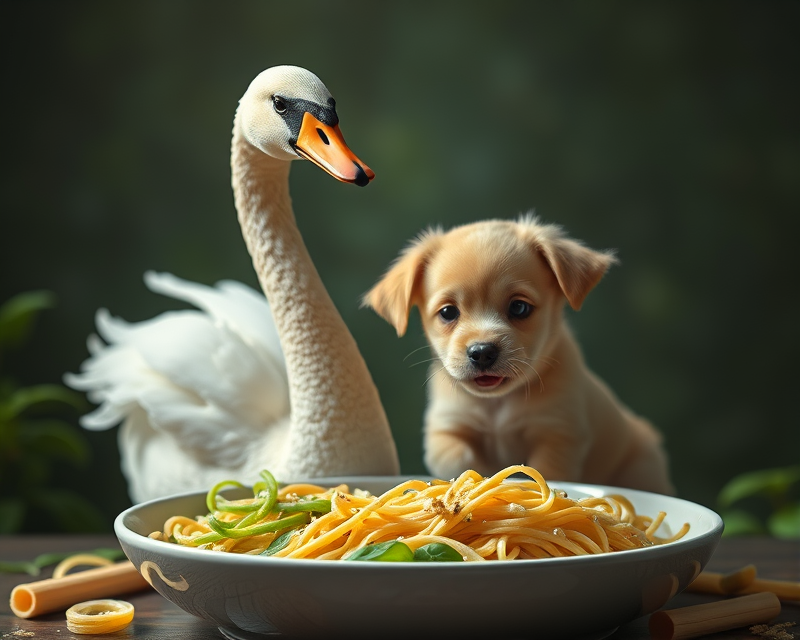 green, noodle, swan, puppy, macaroni