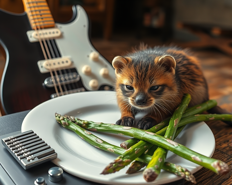 guitar, plate, beaver, kitten, asparagus