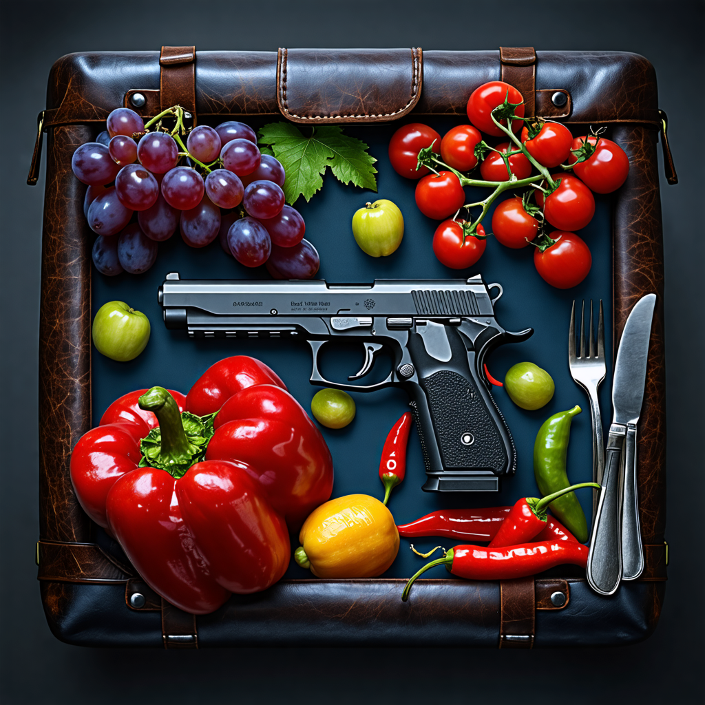 gun, bag, pepper, grape, fork